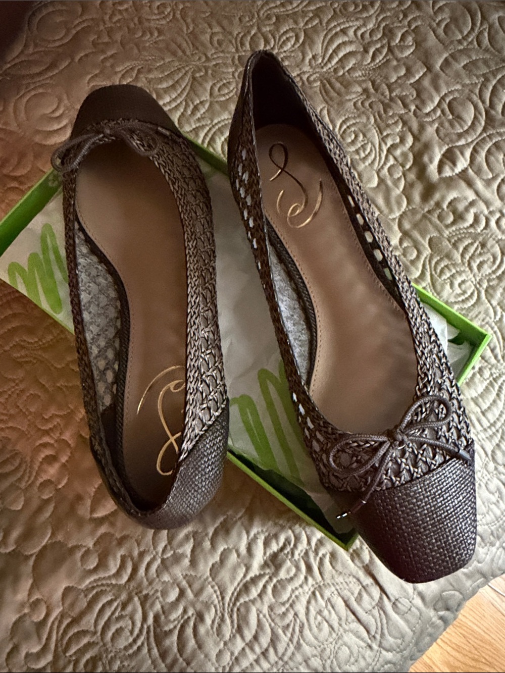 Sam Edelman Brown Woven Ballet Flats with Bow Accent